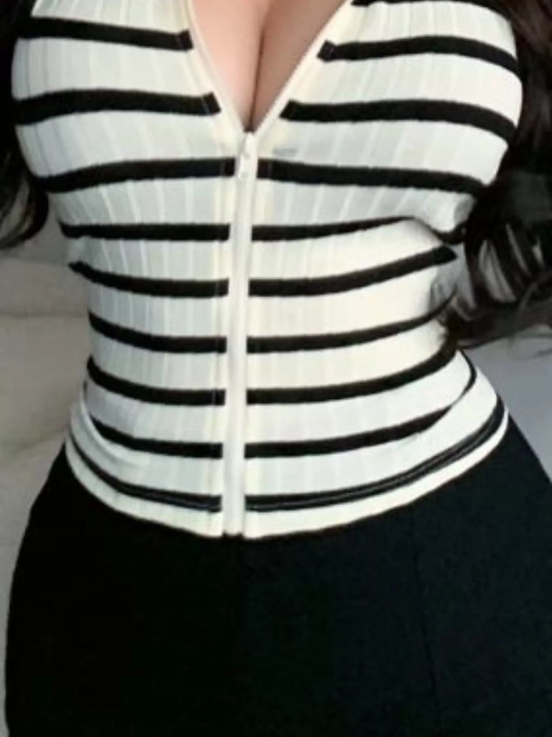 Striped ribbed zip-up top with foldover collar