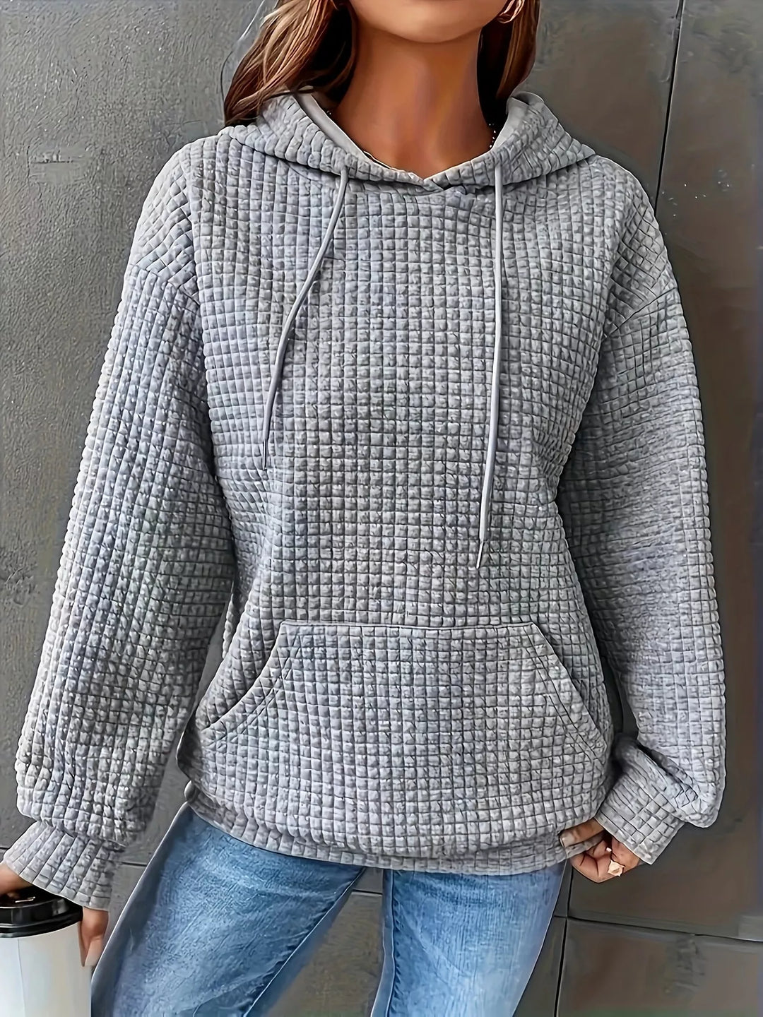 Textured waffle knit drawstring hoodie with kangaroo pocket