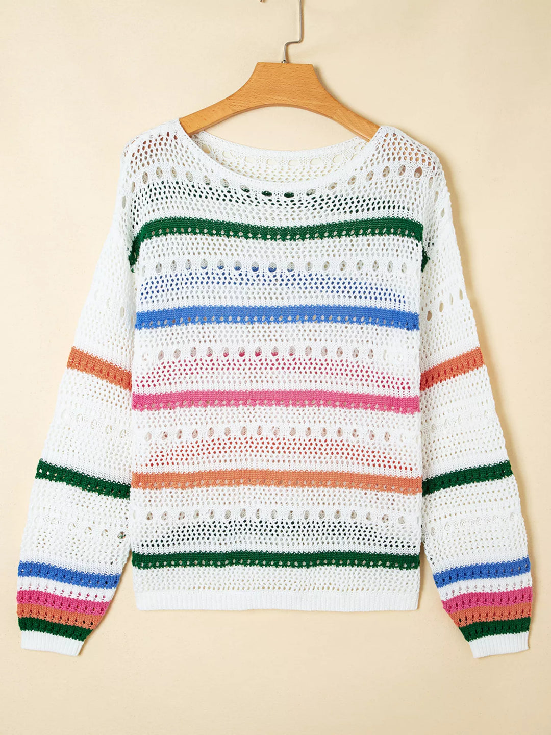 Striped pointelle open-knit pullover sweater