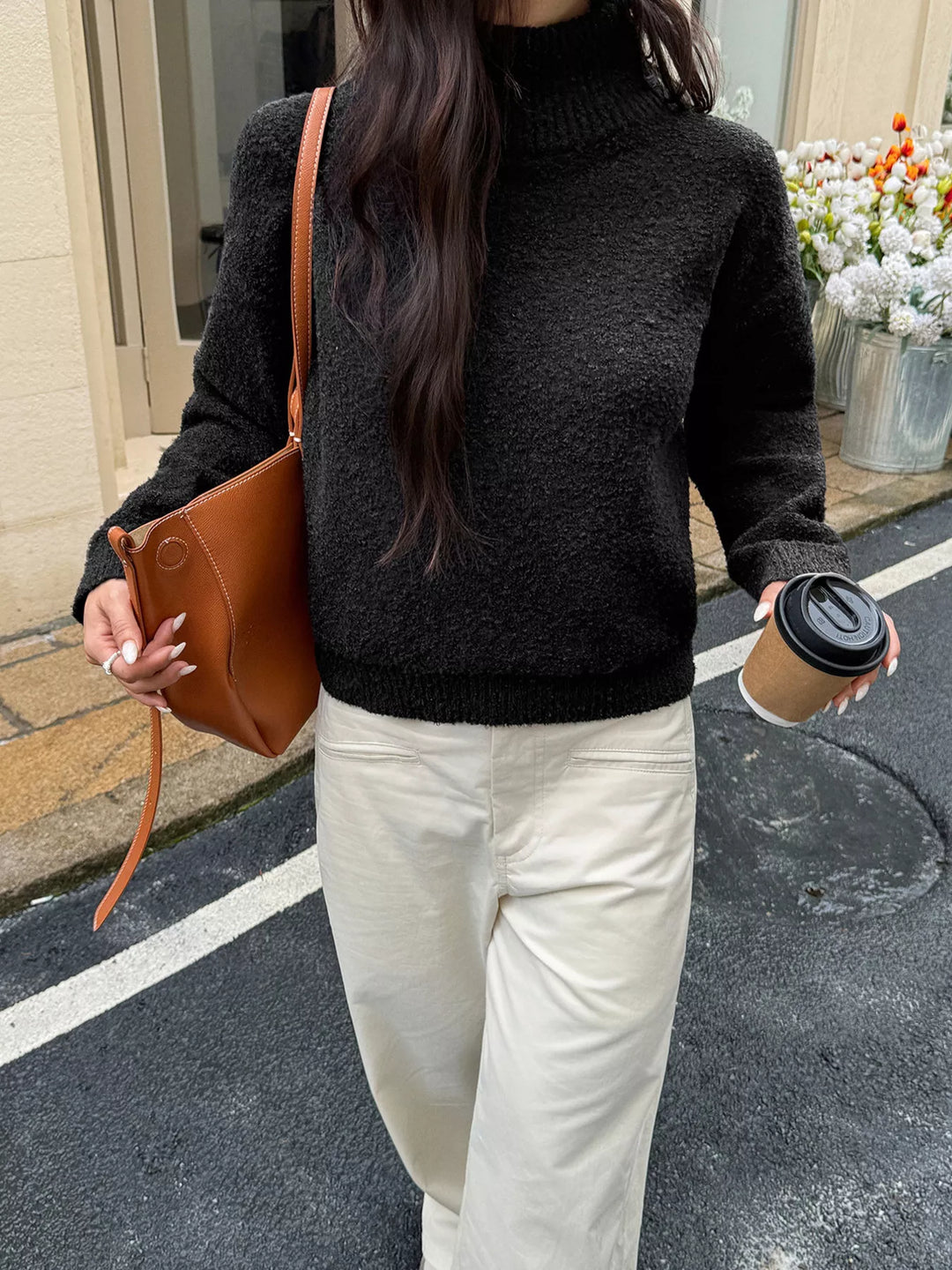 Black Textured knit turtleneck sweater with drop shoulders