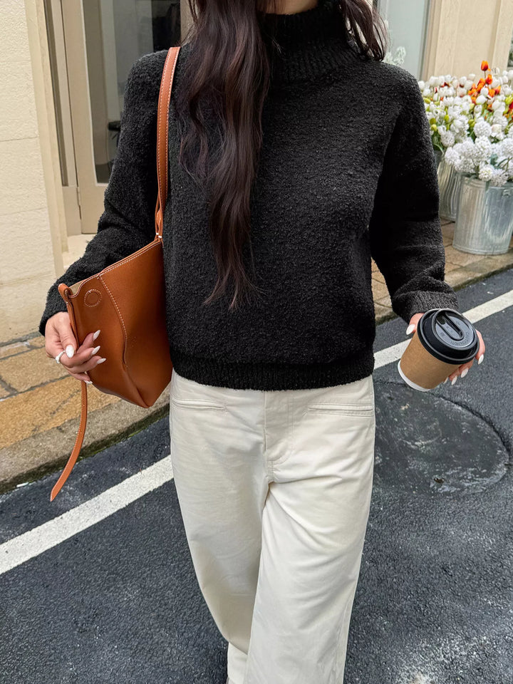 Black Textured knit turtleneck sweater with drop shoulders