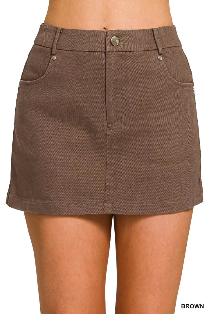 BROWN Fully lined cotton twill 5-pocket mini skirt