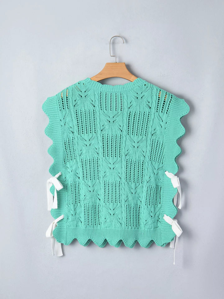 Pointelle openwork knit crop top with scalloped trim