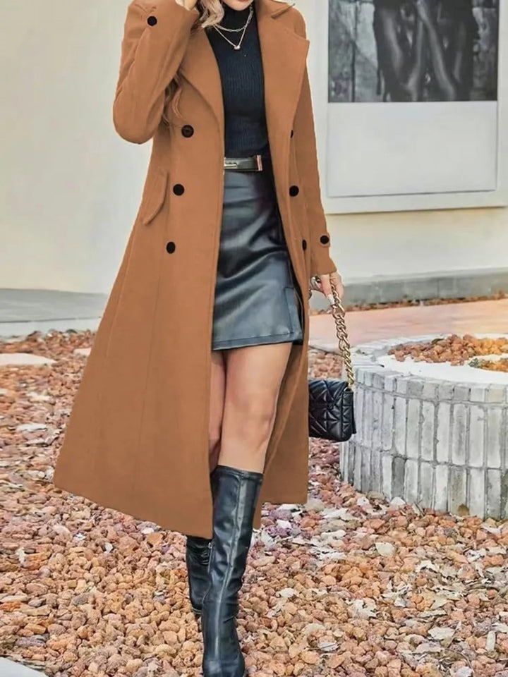Khaki Double-breasted longline trench coat with notch lapels - Tan