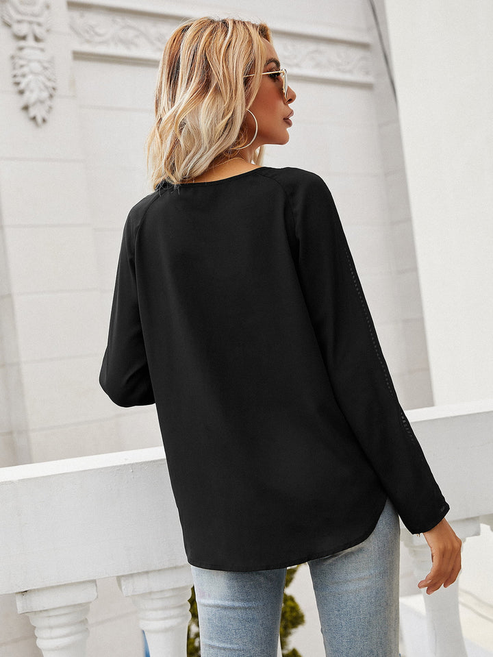 Ladder-trim tie-neck semi-sheer long sleeve blouse