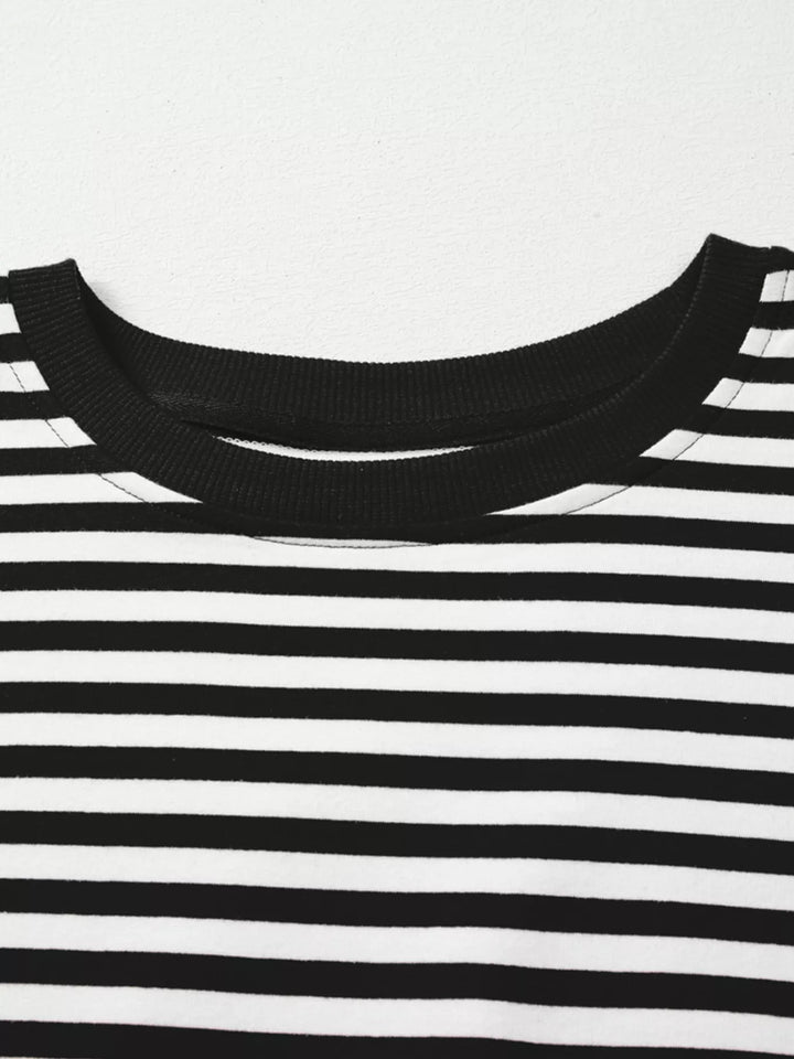Exposed seam striped drop-shoulder pullover top