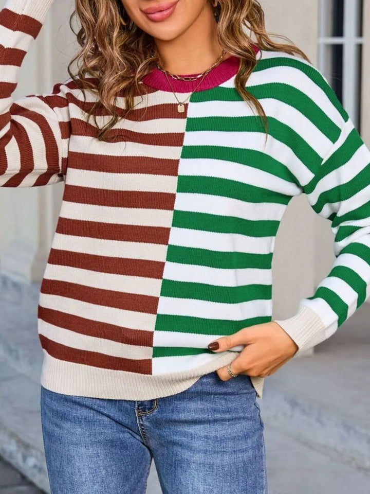 Colorblock striped crewneck sweater with contrast collar