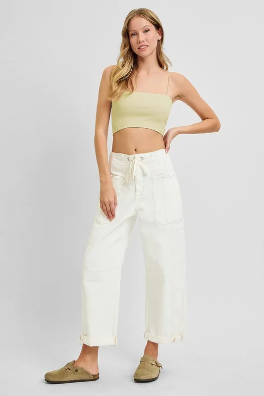 High-rise barrel-leg utility jeans with drawstring waist