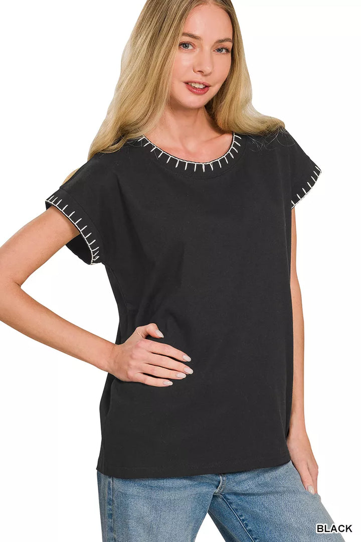 Oversized crew neck cotton tee with contrast stitch trim