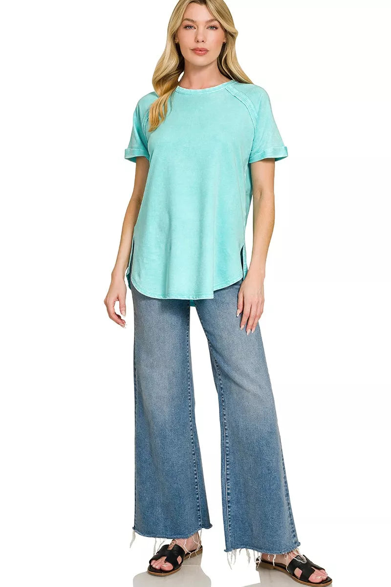 French terry washed curved hem top with raglan sleeves