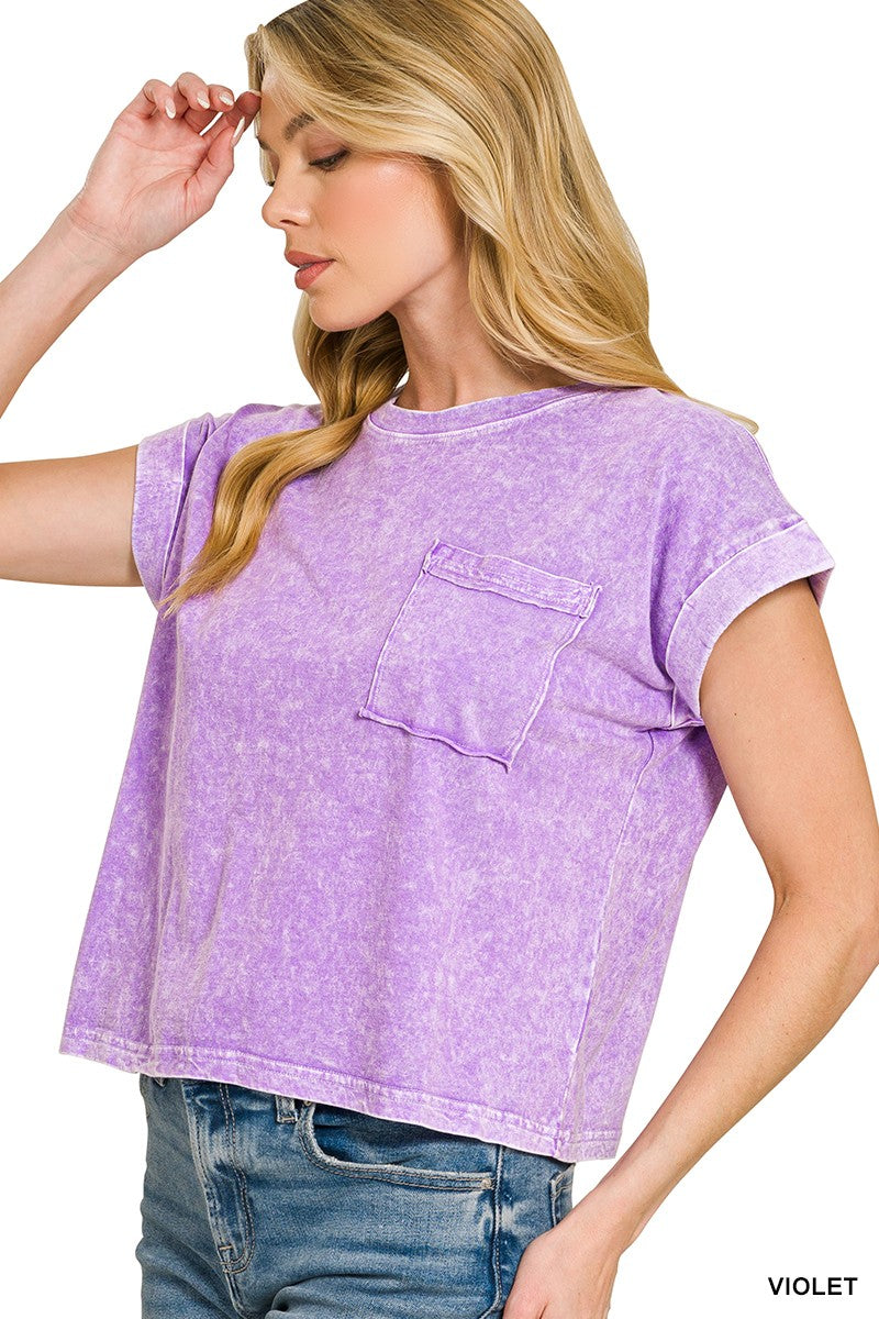 Snow-washed cotton crop tee with cuffed sleeves and chest pocket
