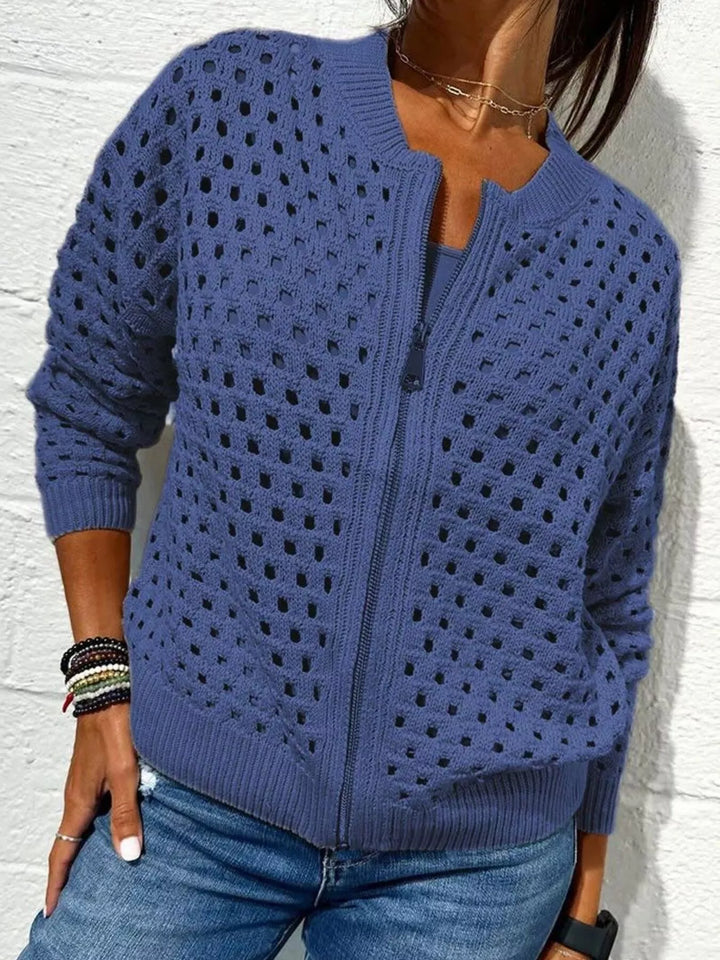 Blue Open-knit zip-up bomber cardigan with ribbed trim