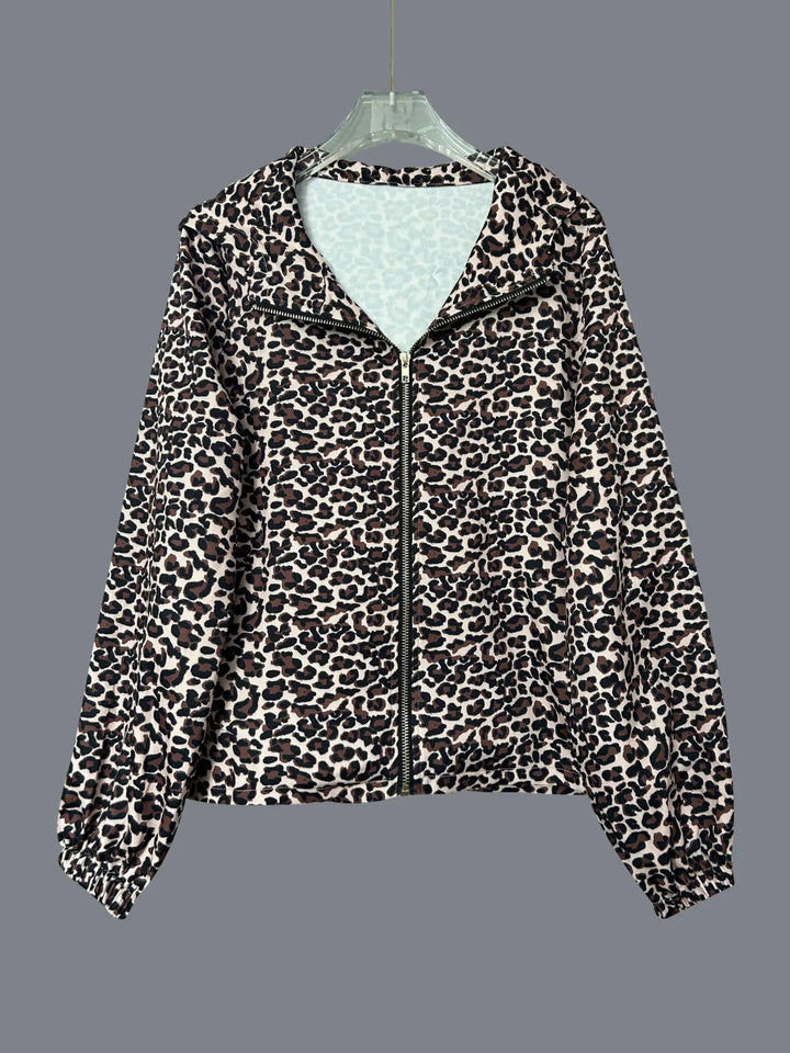 Leopard print zip-up hooded jacket with side pockets
