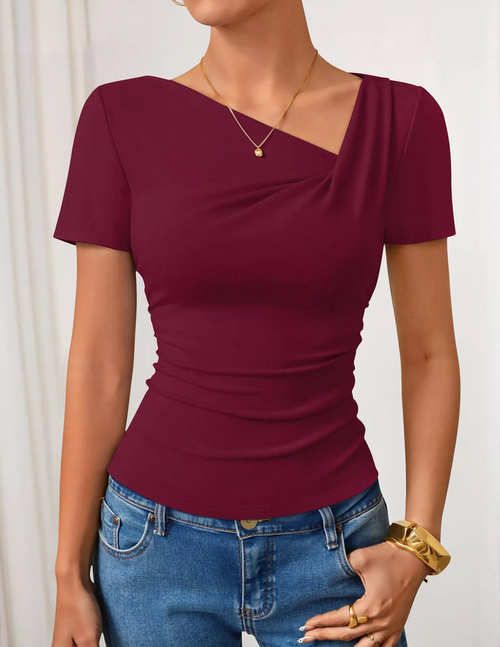 Burgundy Asymmetrical neckline fitted tee with side ruching
