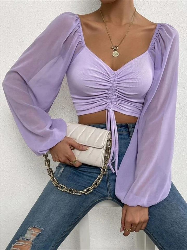 Lavender Drawstring sweetheart neck crop top with sheer sleeves