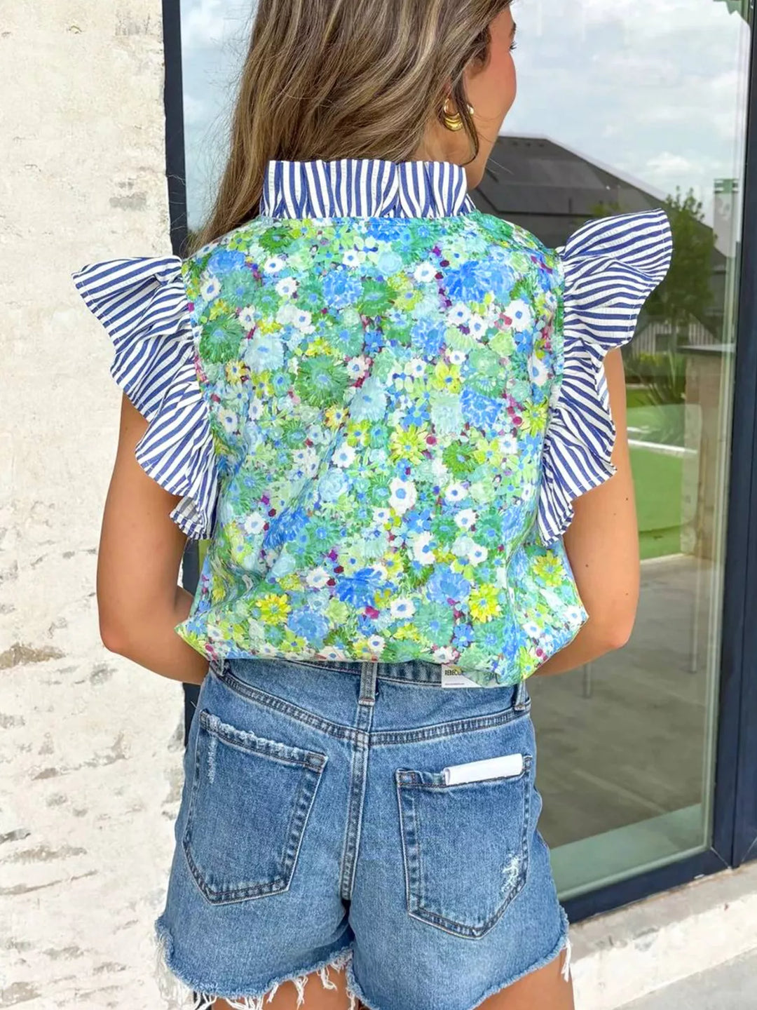 Floral and striped patchwork flutter sleeve V-neck blouse