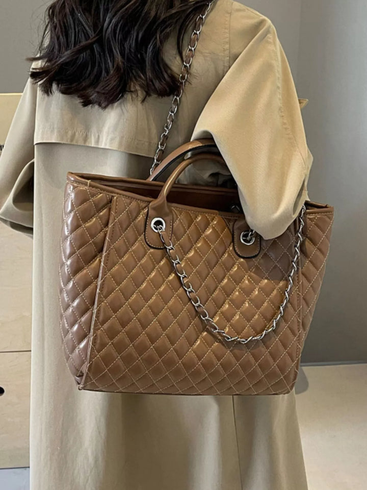 Diamond quilted faux leather tote bag with chain straps