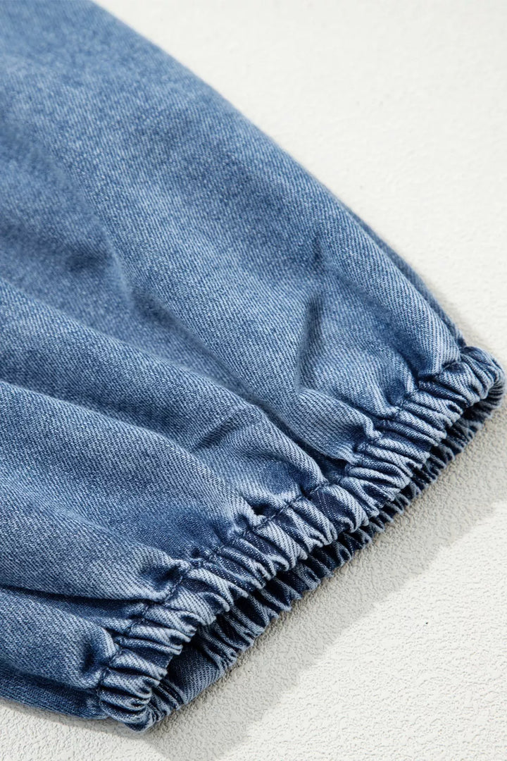 Puff half-sleeve collared denim button-down shirt