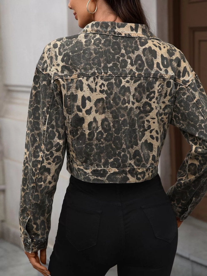 Leopard print cropped denim jacket with button front