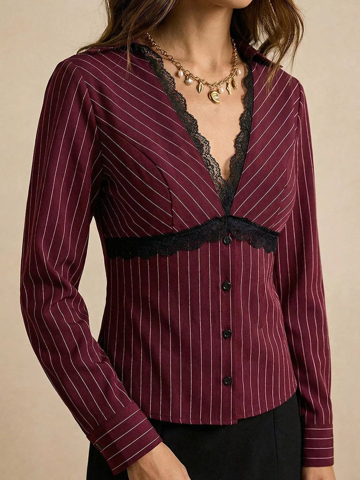 Burgundy Pinstripe lace trim V-neck button-down blouse