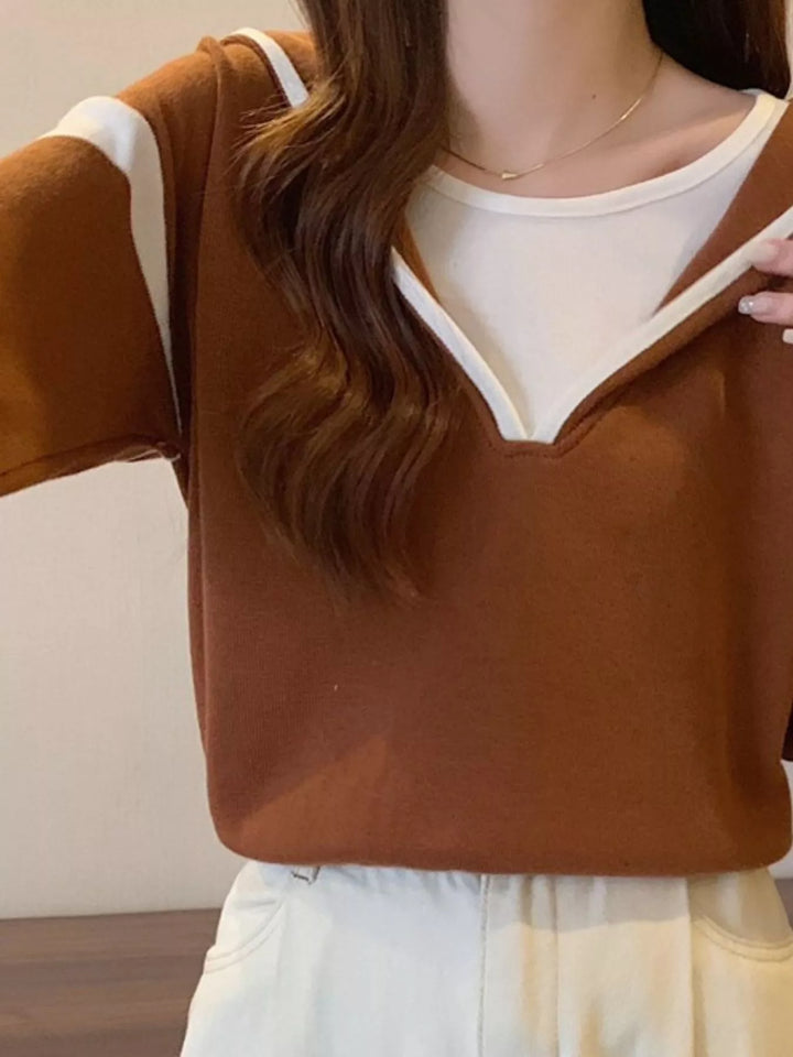 Contrast trim hooded pullover sweater with striped sleeves