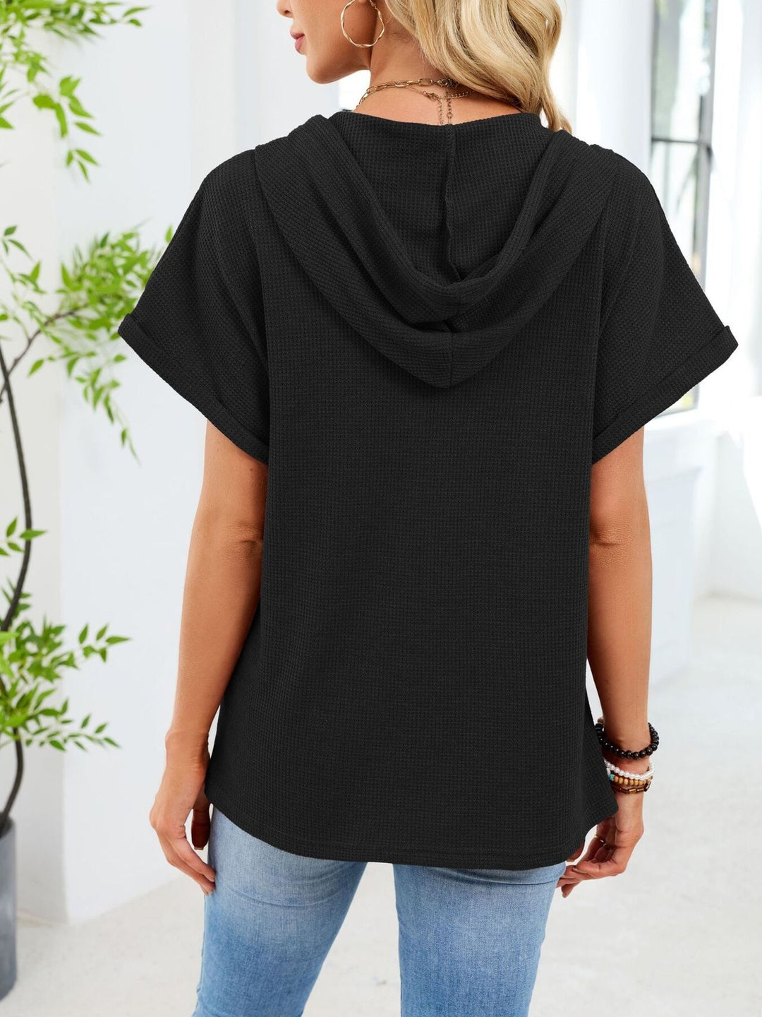 Waffle knit short-sleeve hoodie with button placket