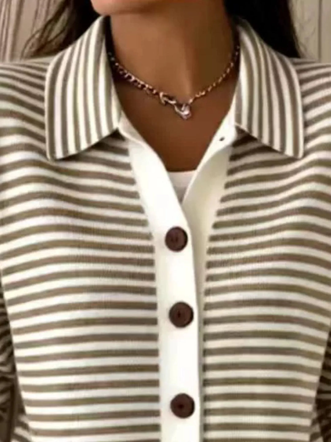 Striped button-down knit cardigan with pointed collar