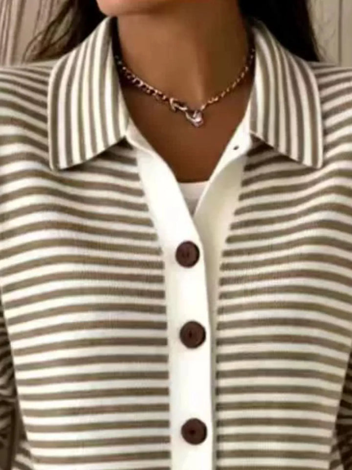 Striped button-down knit cardigan with pointed collar