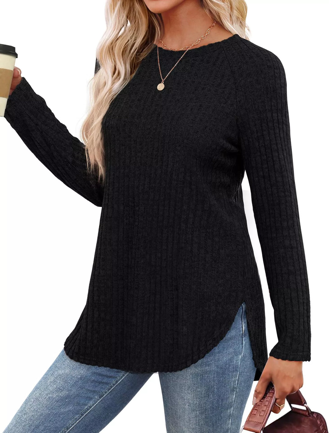 Ribbed knit crew neck long sleeve top with curved hem