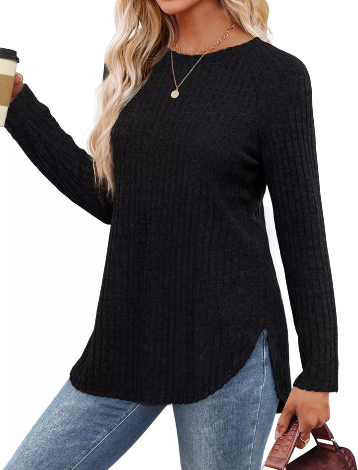 Ribbed knit crew neck long sleeve top with curved hem