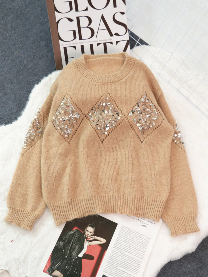 Khaki Sequined diamond pointelle knit oversized sweater
