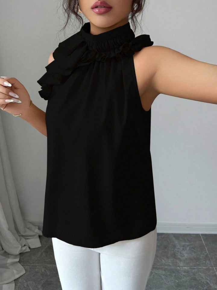 Flowy ruffle-trim high-neck sleeveless blouse