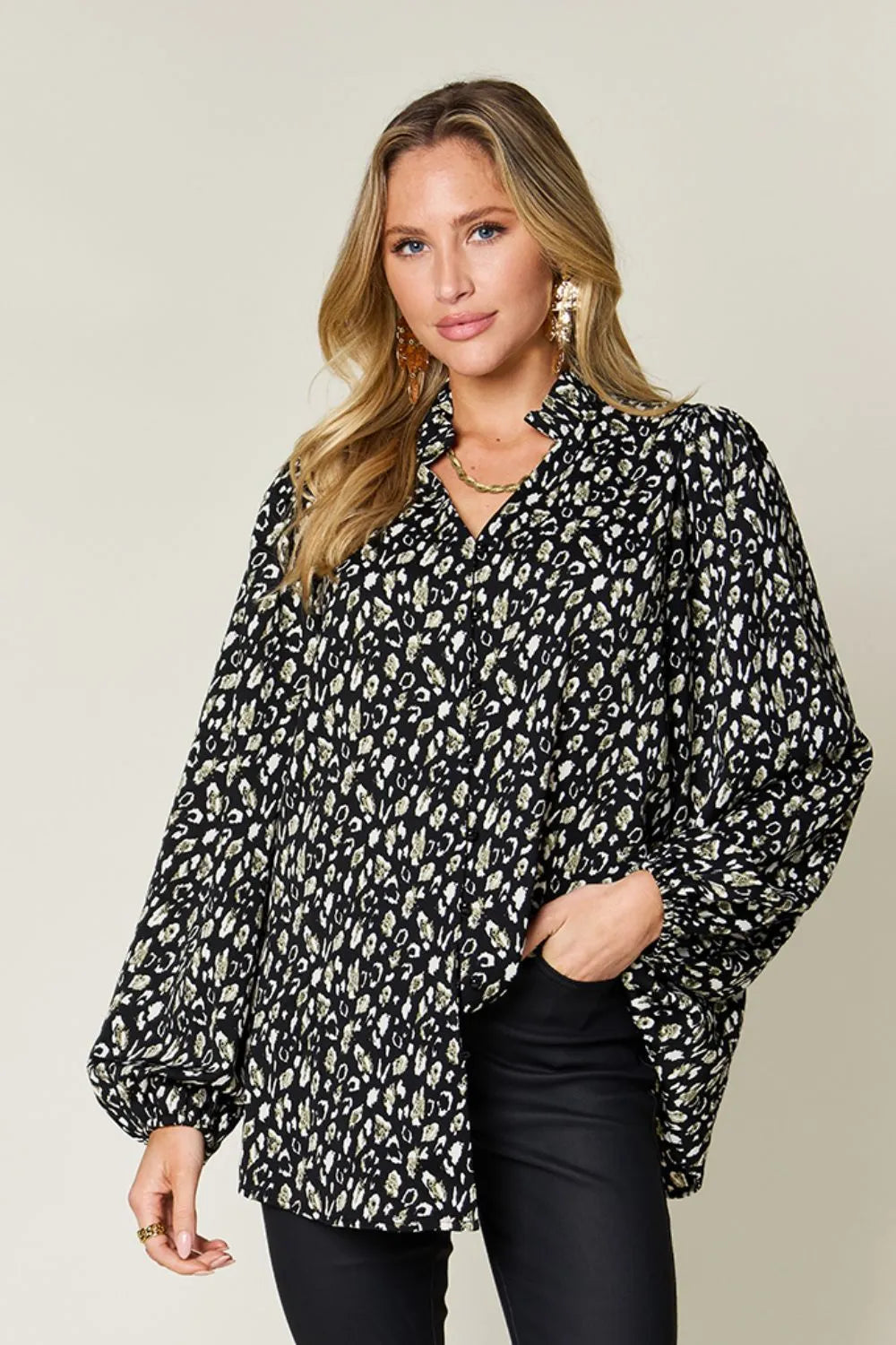Black Leopard print button-front long sleeve tunic blouse
