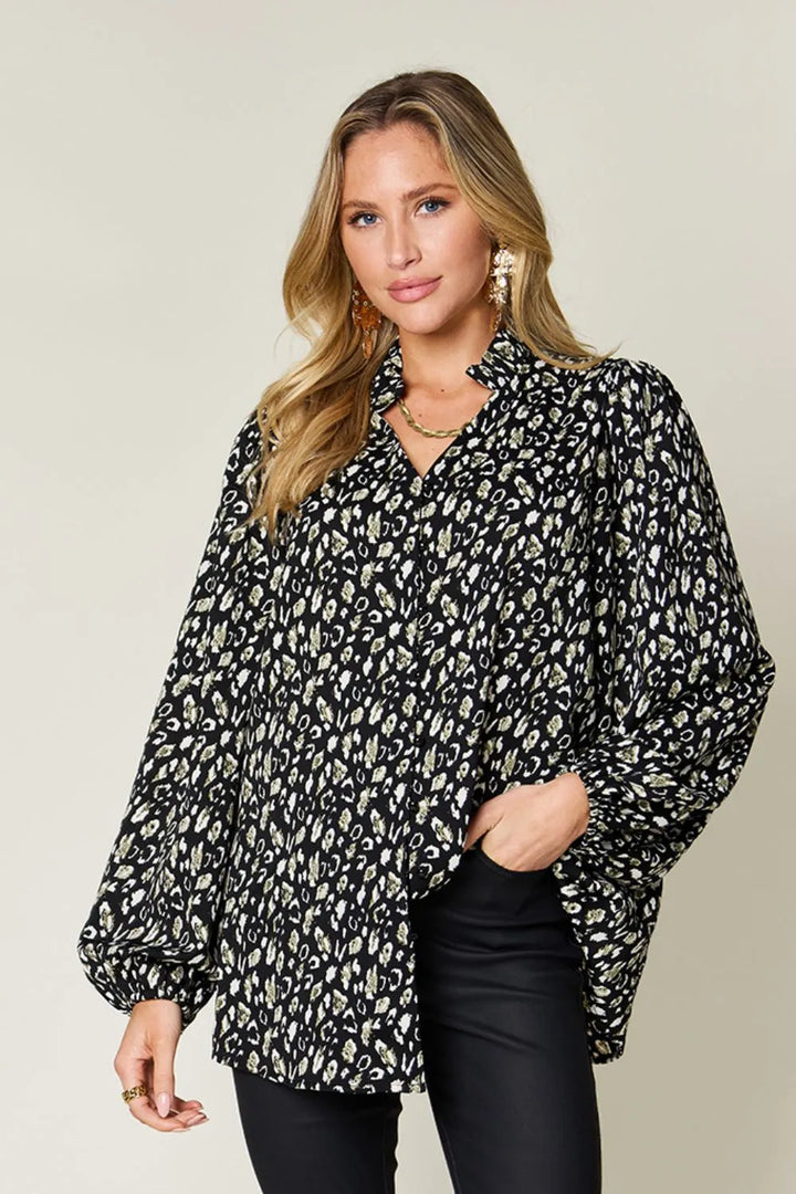 Black Leopard print button-front long sleeve tunic blouse