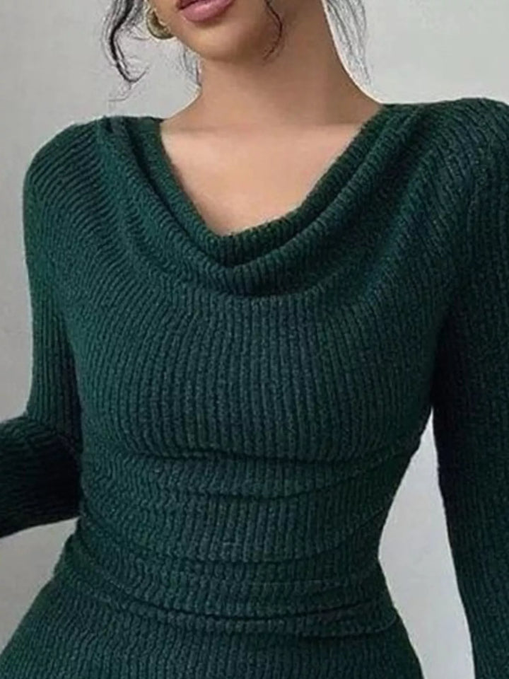 Cowl neck ribbed knit top with flare sleeves