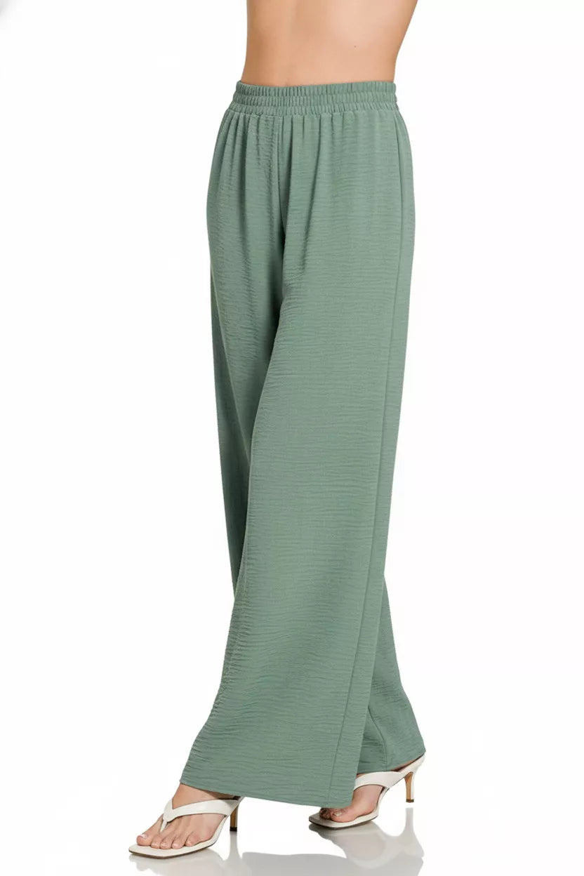 Wide-leg woven airflow pants with elastic waistband