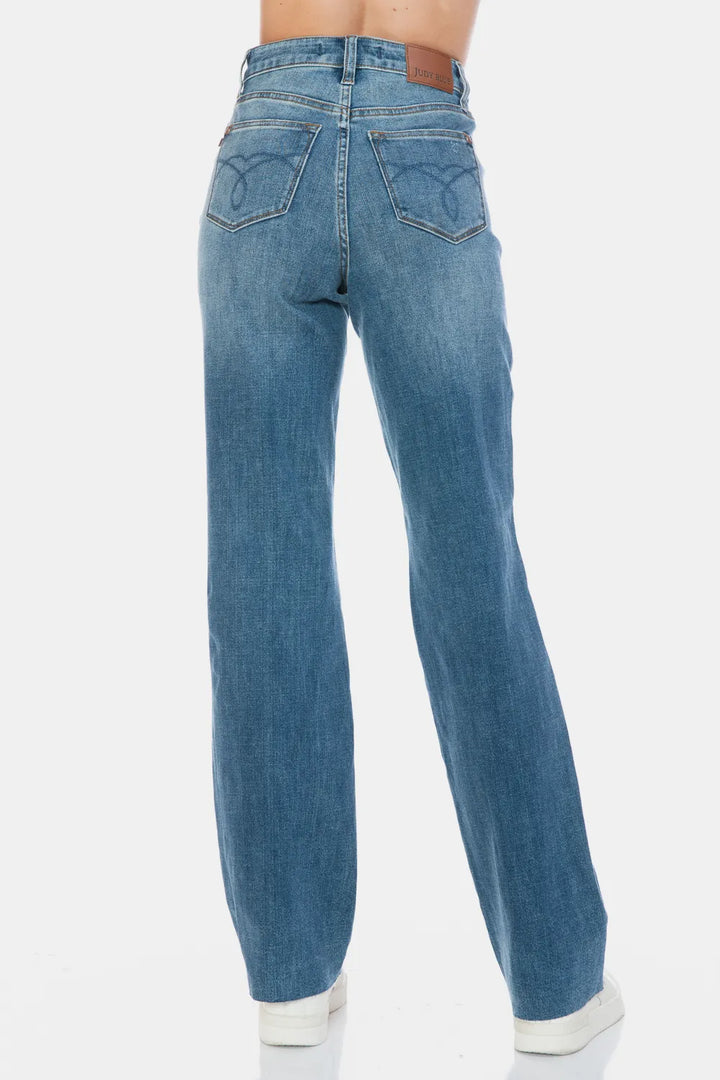 High-rise tummy control straight jeans with raw hem