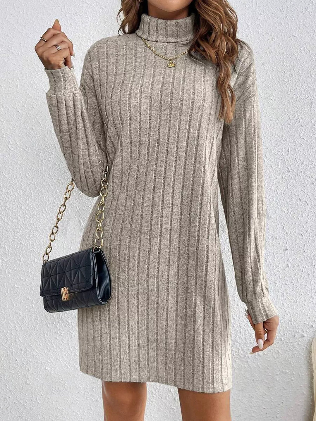 Ribbed knit turtleneck sweater mini dress with long sleeves