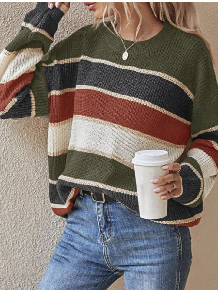 Dark Green Color block striped crew neck knit sweater