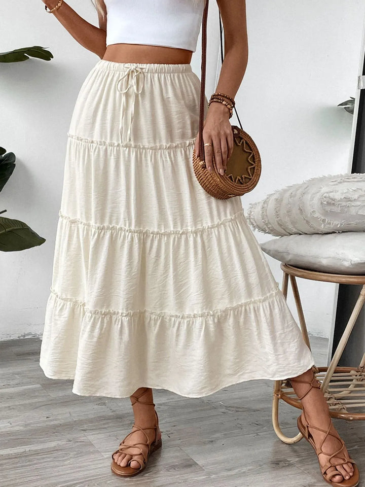 Cream Tiered frill maxi skirt with drawstring waist