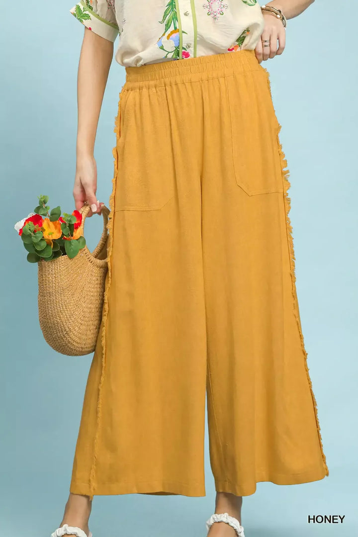 HONEY Wide-leg linen blend pants with frayed side trim and patch pockets