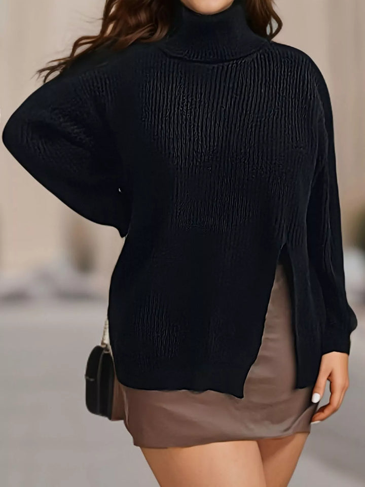Ribbed turtleneck sweater with side slit and drop shoulders