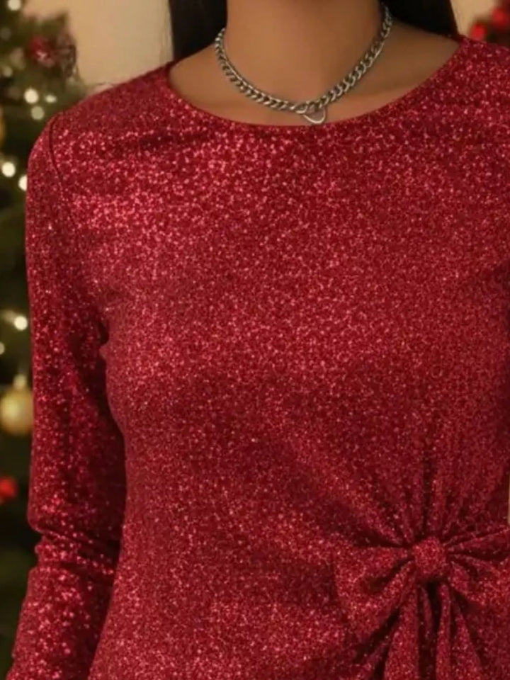 Sequin long sleeve top with side bow-knot tie