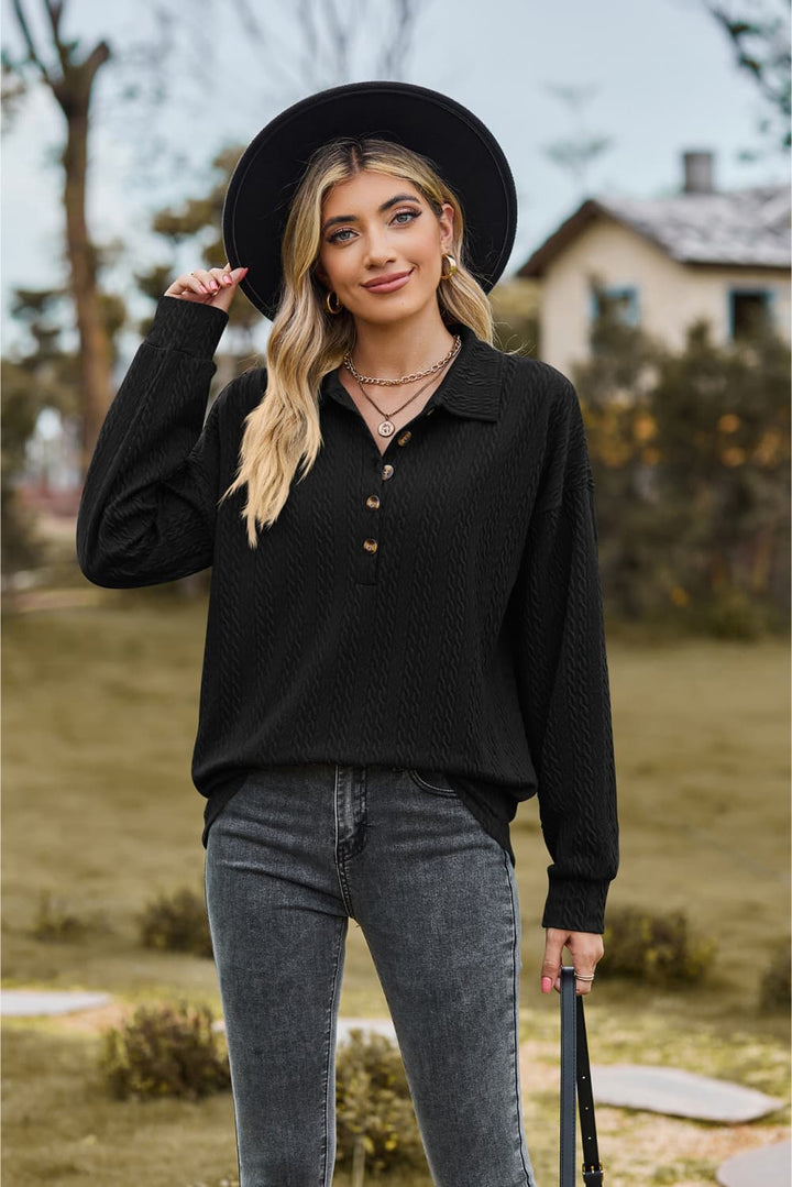 Black Textured knit collared top with half-button placket