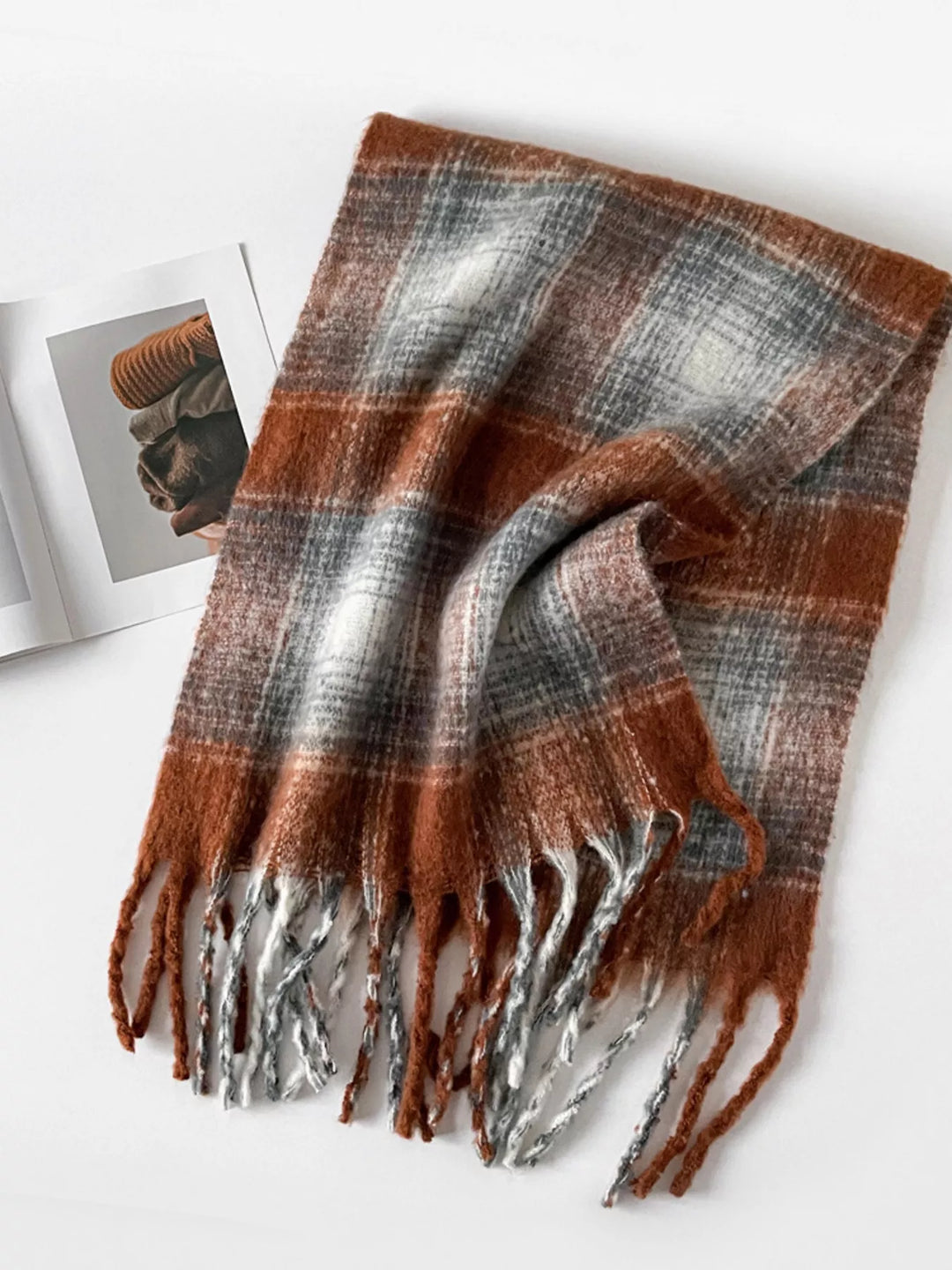 Brushed plaid blanket scarf with twisted fringe