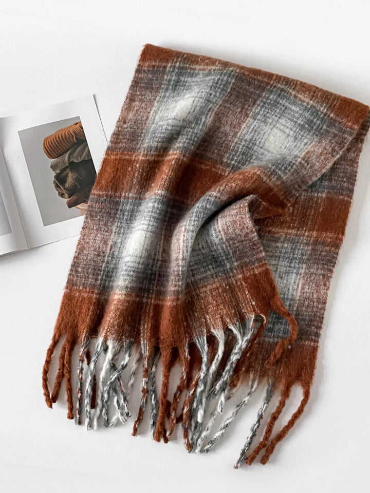 Brushed plaid blanket scarf with twisted fringe