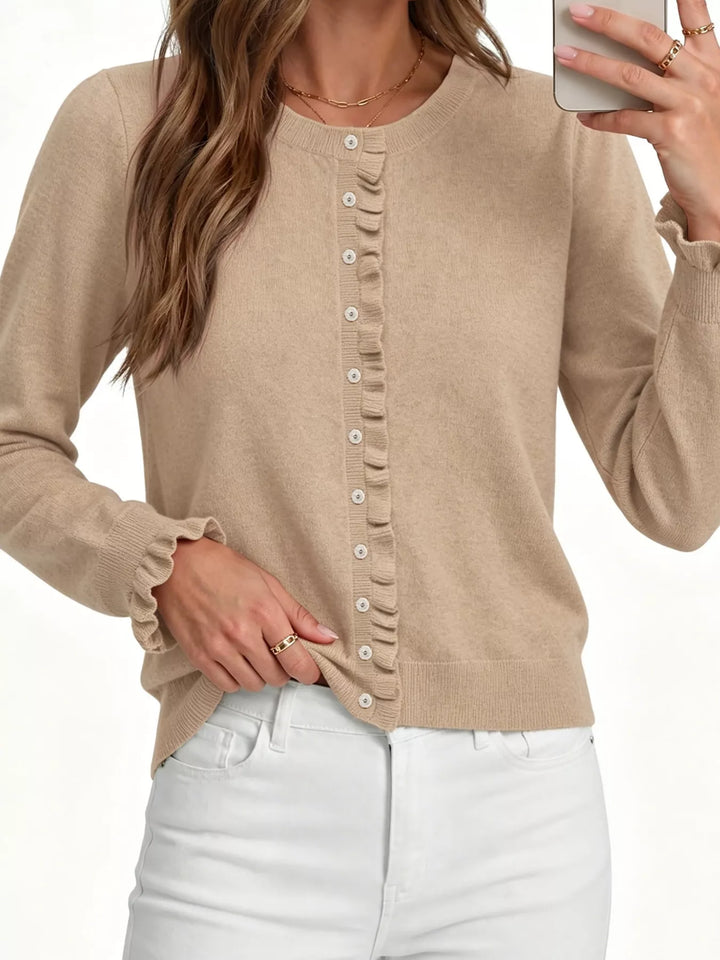 Ruffle placket button-front knit cardigan with ruffle cuffs