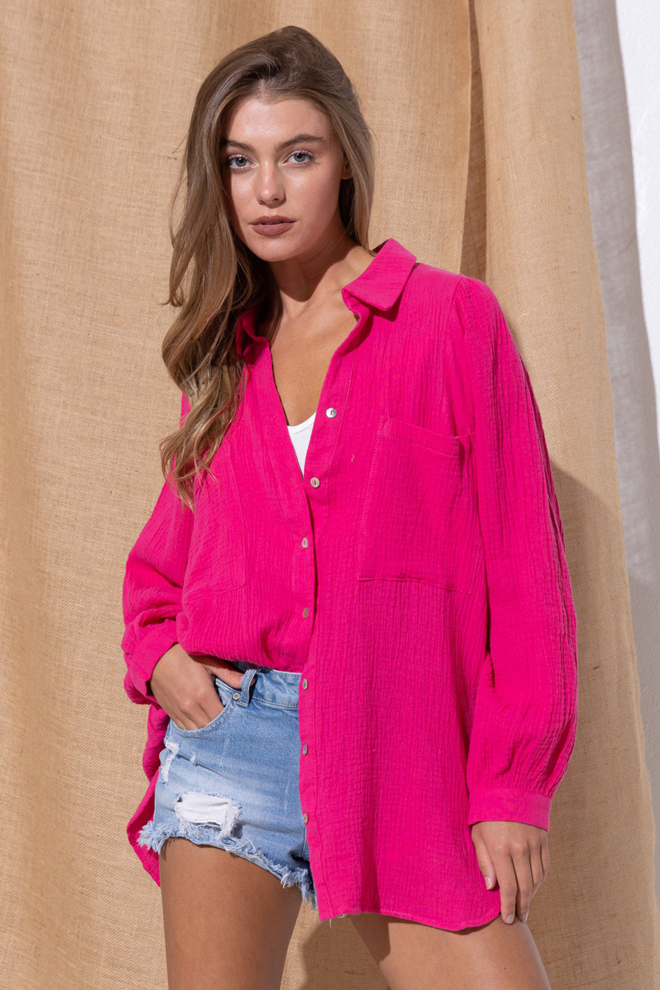 Marseille Textured Gauze Button Down Puff Sleeve Blouse