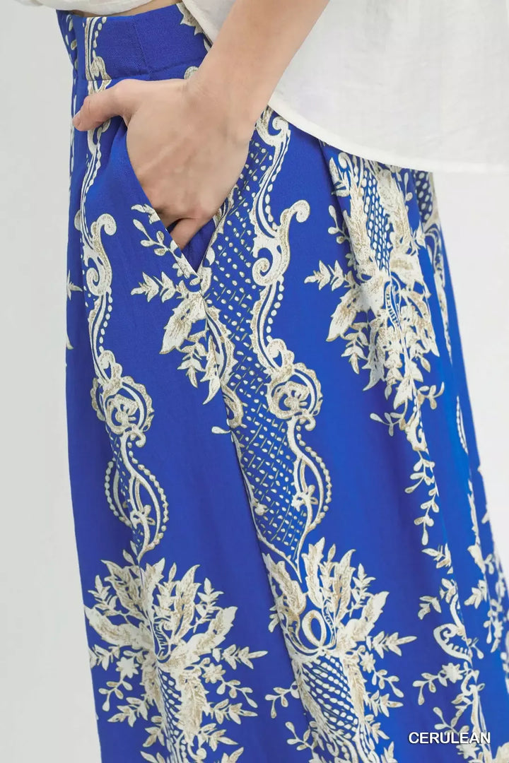 Border print wide leg pants with elastic waist and pockets
