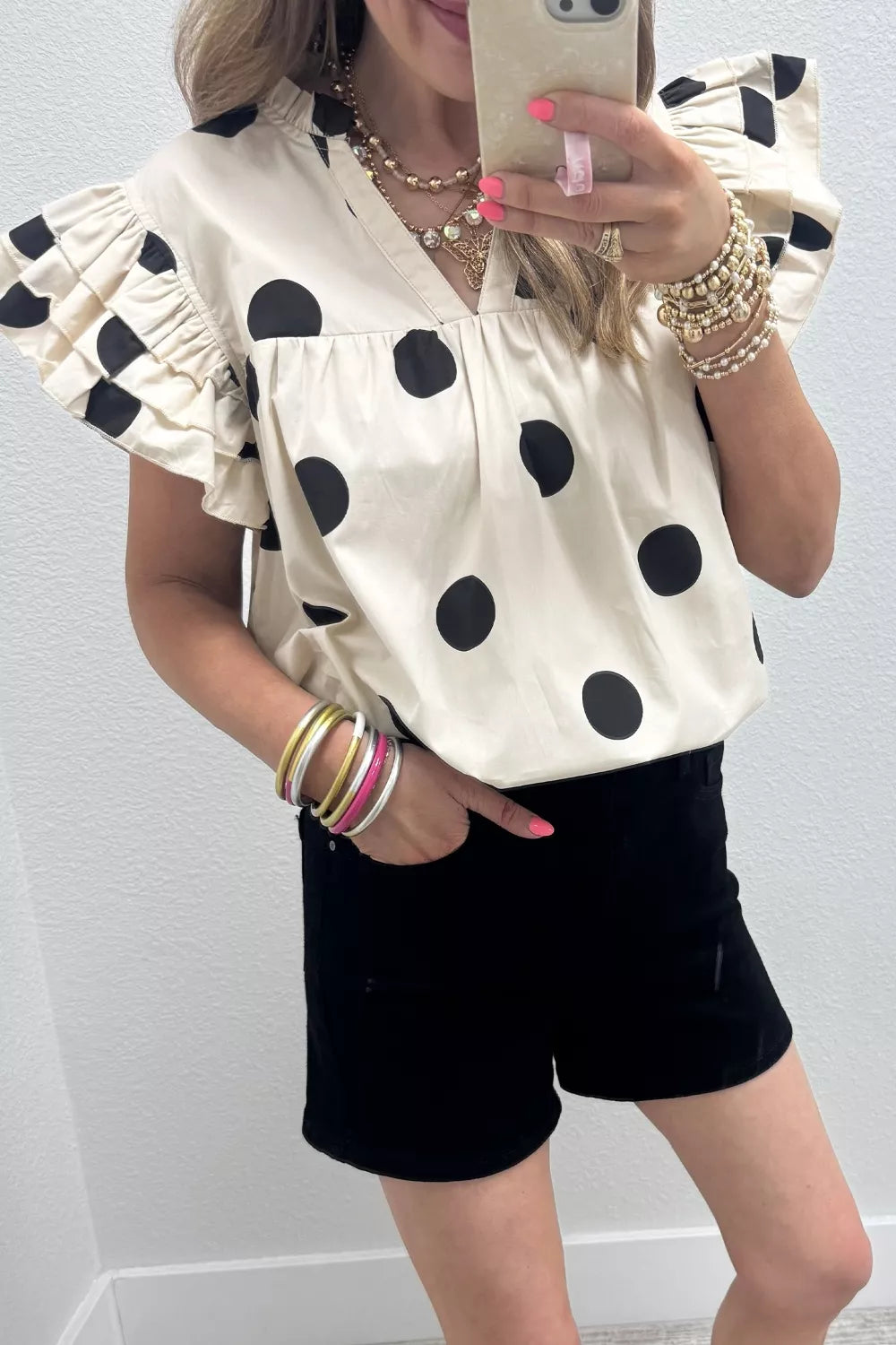 Polka dot ruffle flutter sleeve split V-neck blouse